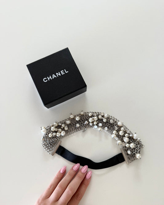Chanel Silvertone Crystal Pearl and Logo Headband
