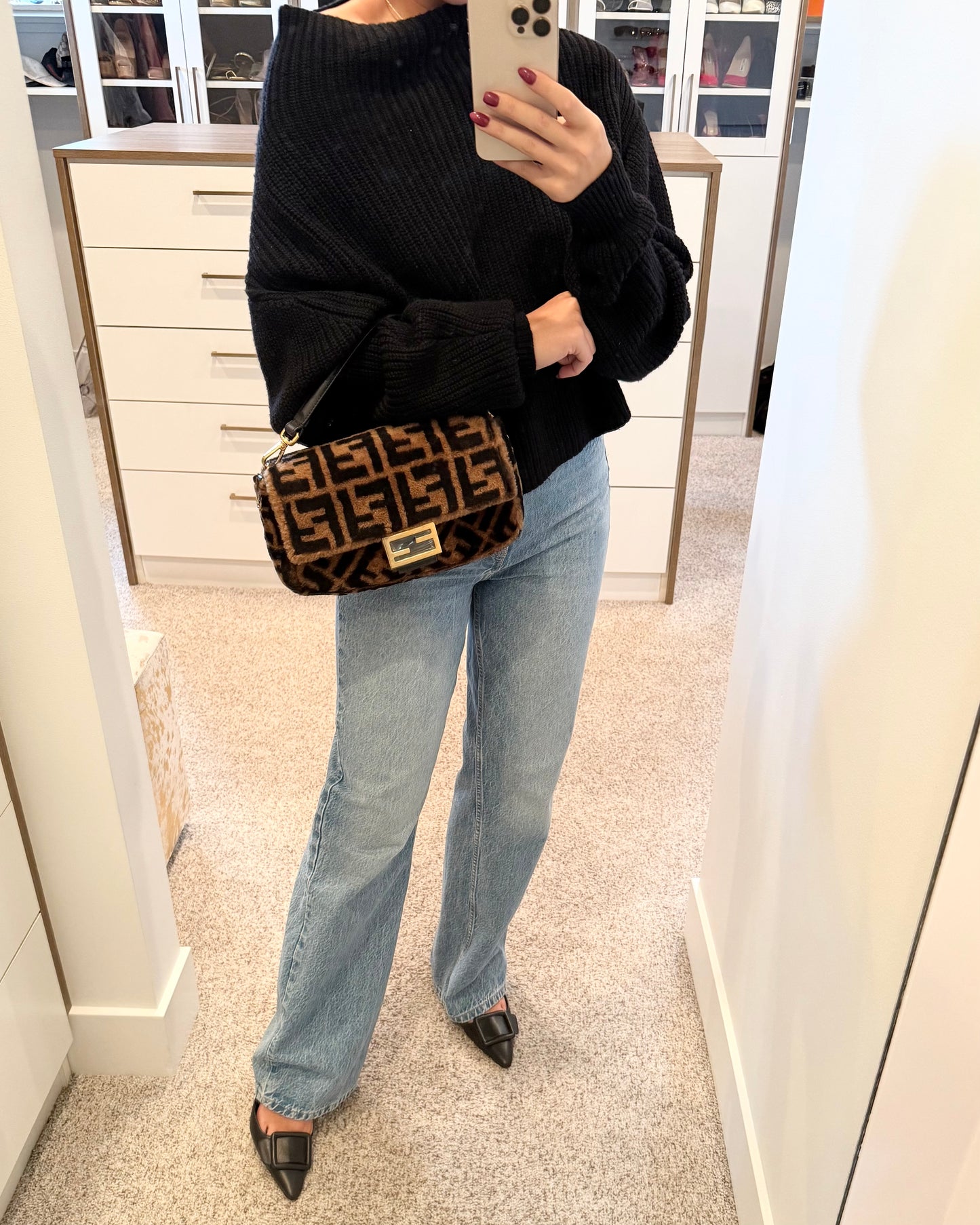 Fendi Limited Edition Shearling Macro FF Black/Tobacco Baguette