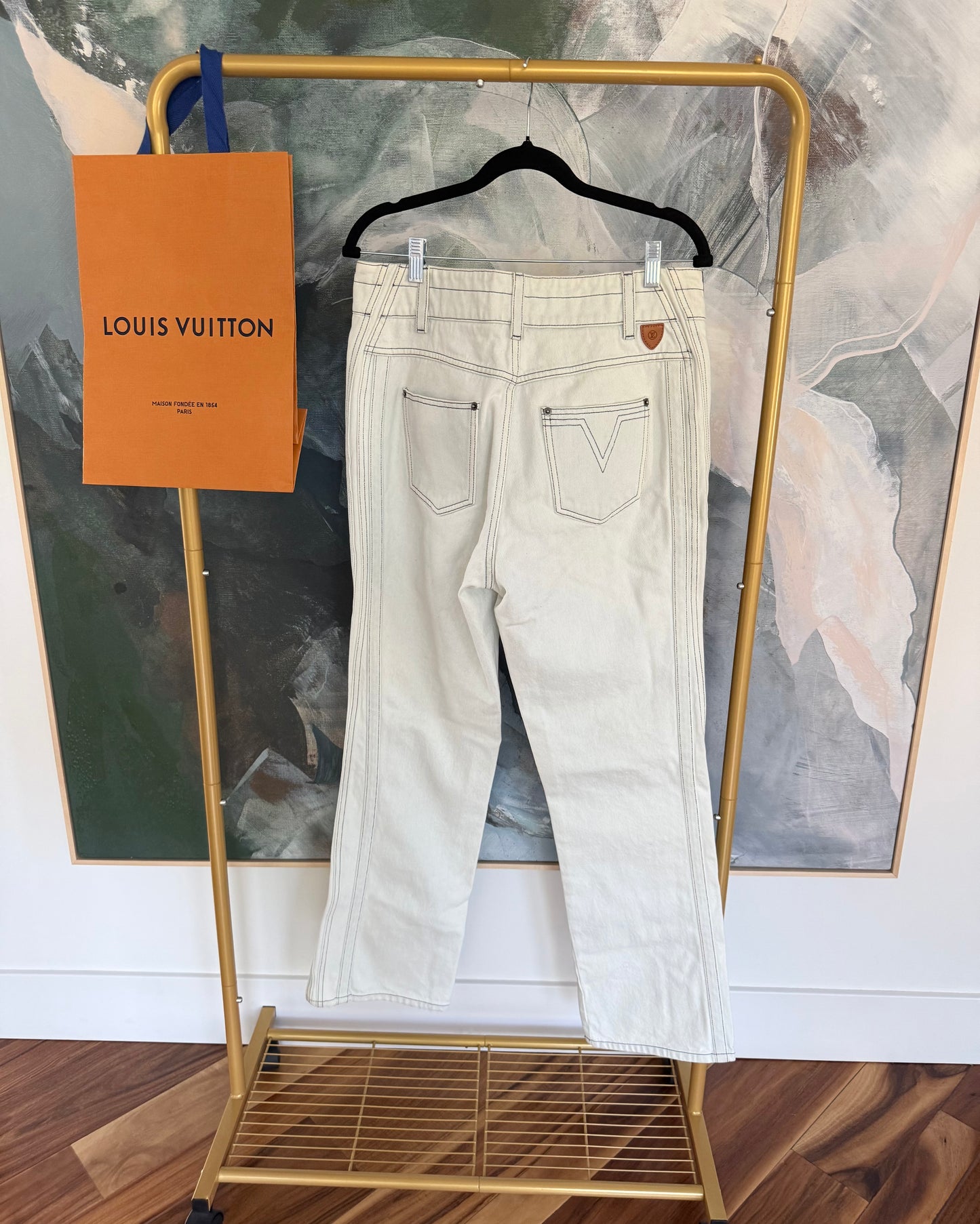 Louis Vuitton White Washed Zipped Denim with Monogram Stripes Down the Sides Size 44