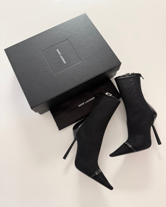 Saint Laurent Black Mesh Aston 115 Mid Calf Boots Size 7/37.5