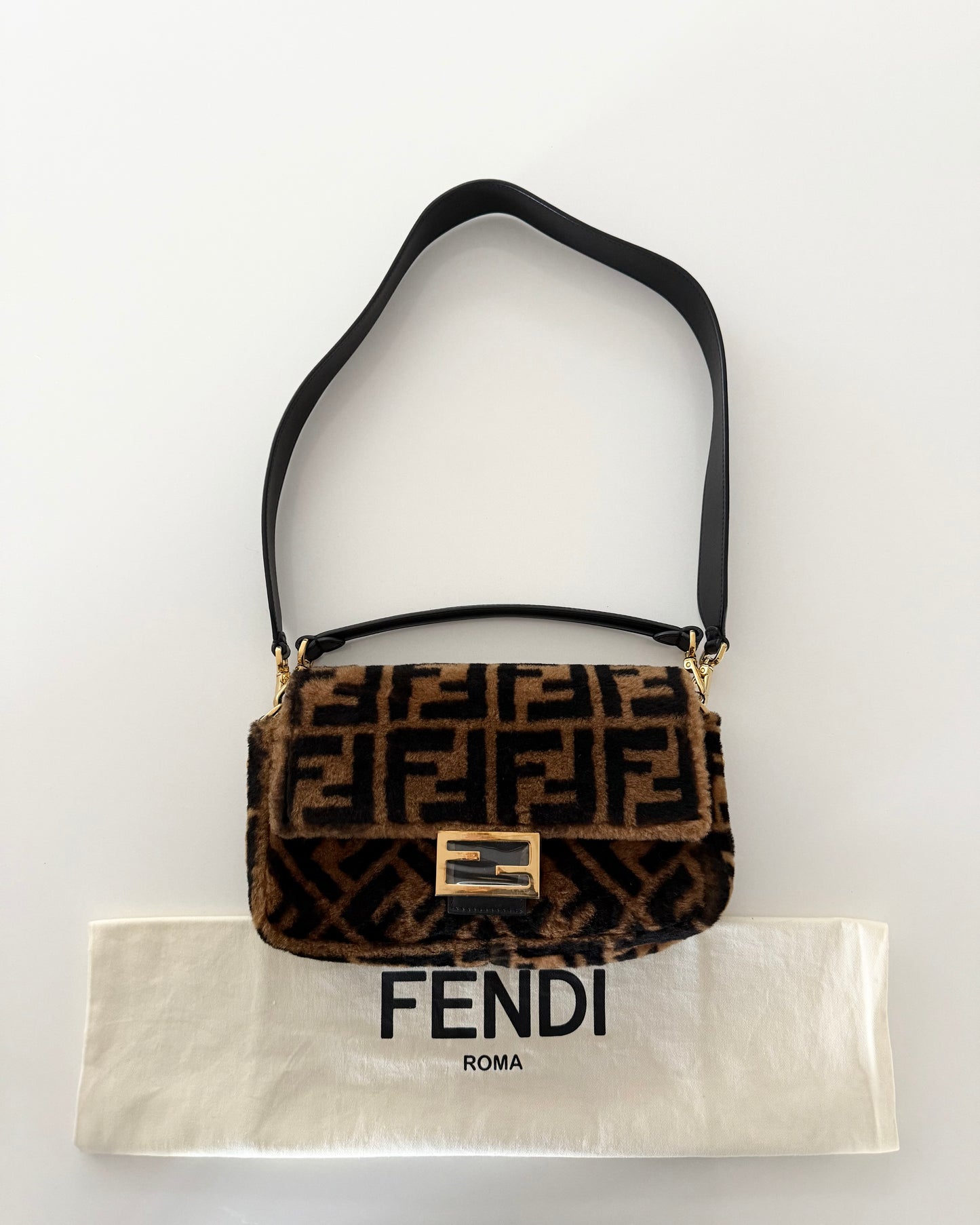 Fendi Limited Edition Shearling Macro FF Black/Tobacco Baguette