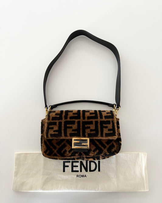 Fendi Limited Edition Shearling Macro FF Black/Tobacco Baguette