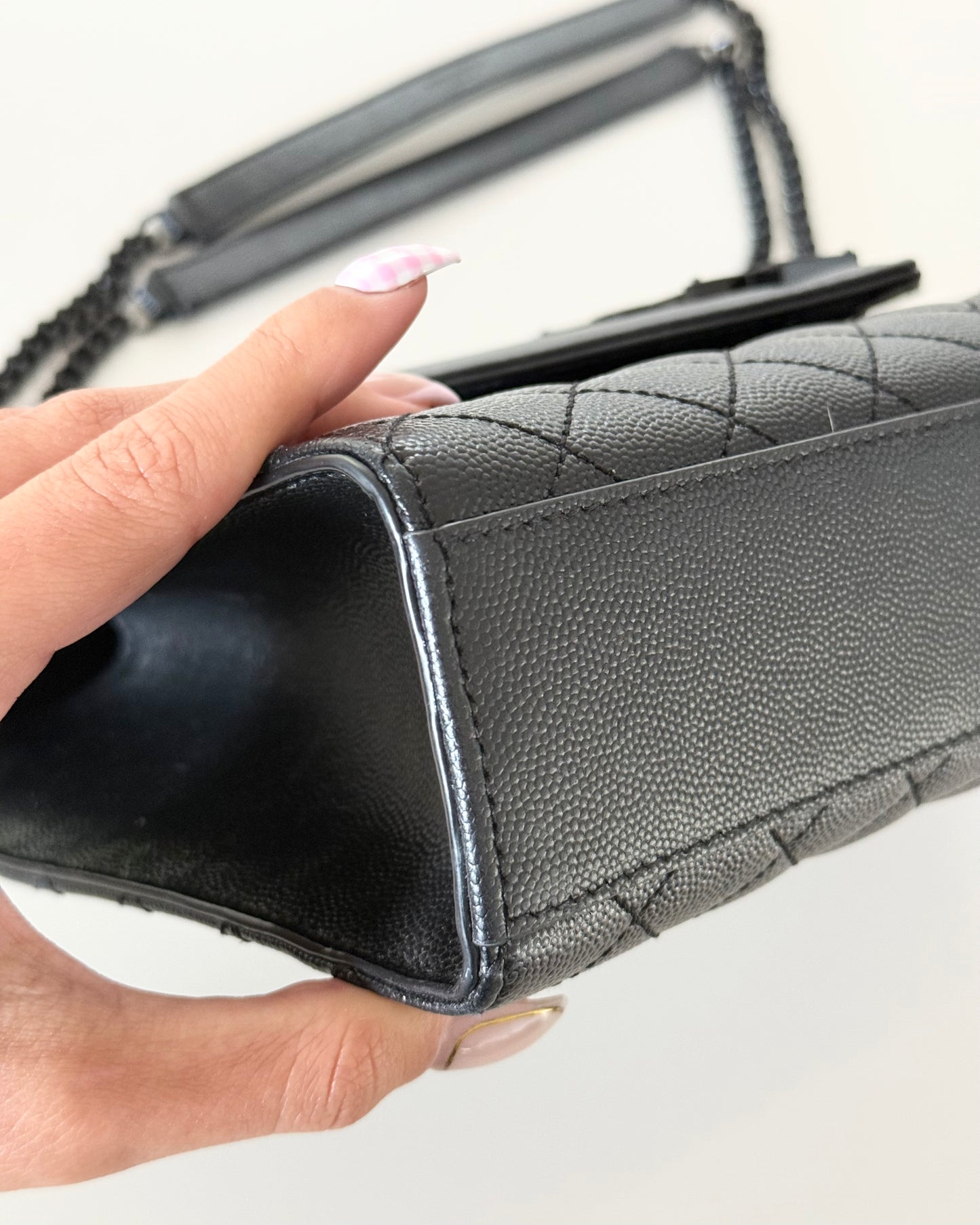 Saint Laurent All Black Grained Leather Matelasse Triquilt Flap Bag