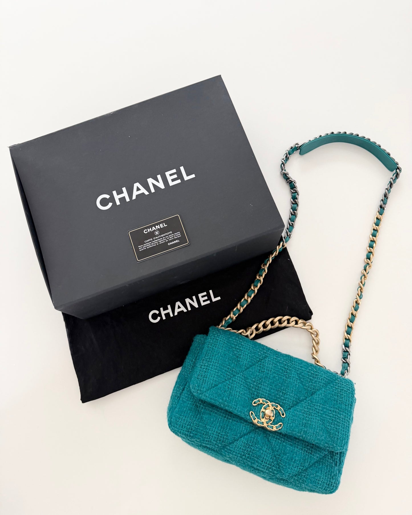 Chanel Teal Tweed Small 19 Bag