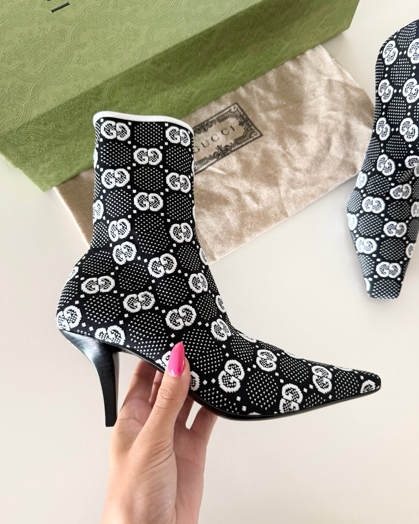 Gucci Black and White Logo Knit Sock Heel Boots Size 36