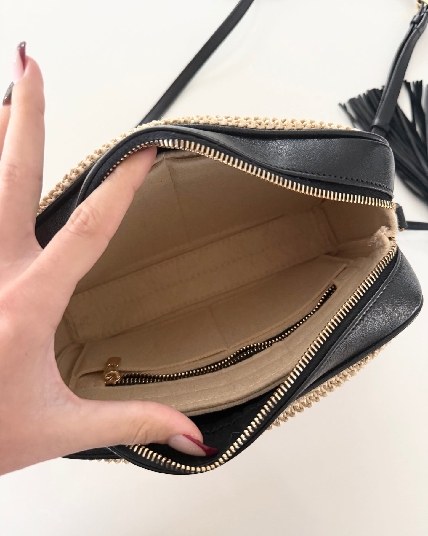 Saint Laurent Black Leather and Raffia Lou Camera Bag