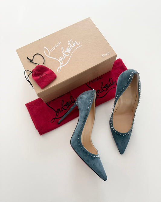 Christian Louboutin Anjalina Velour Grey Blue 100’s with Spikes Size 42