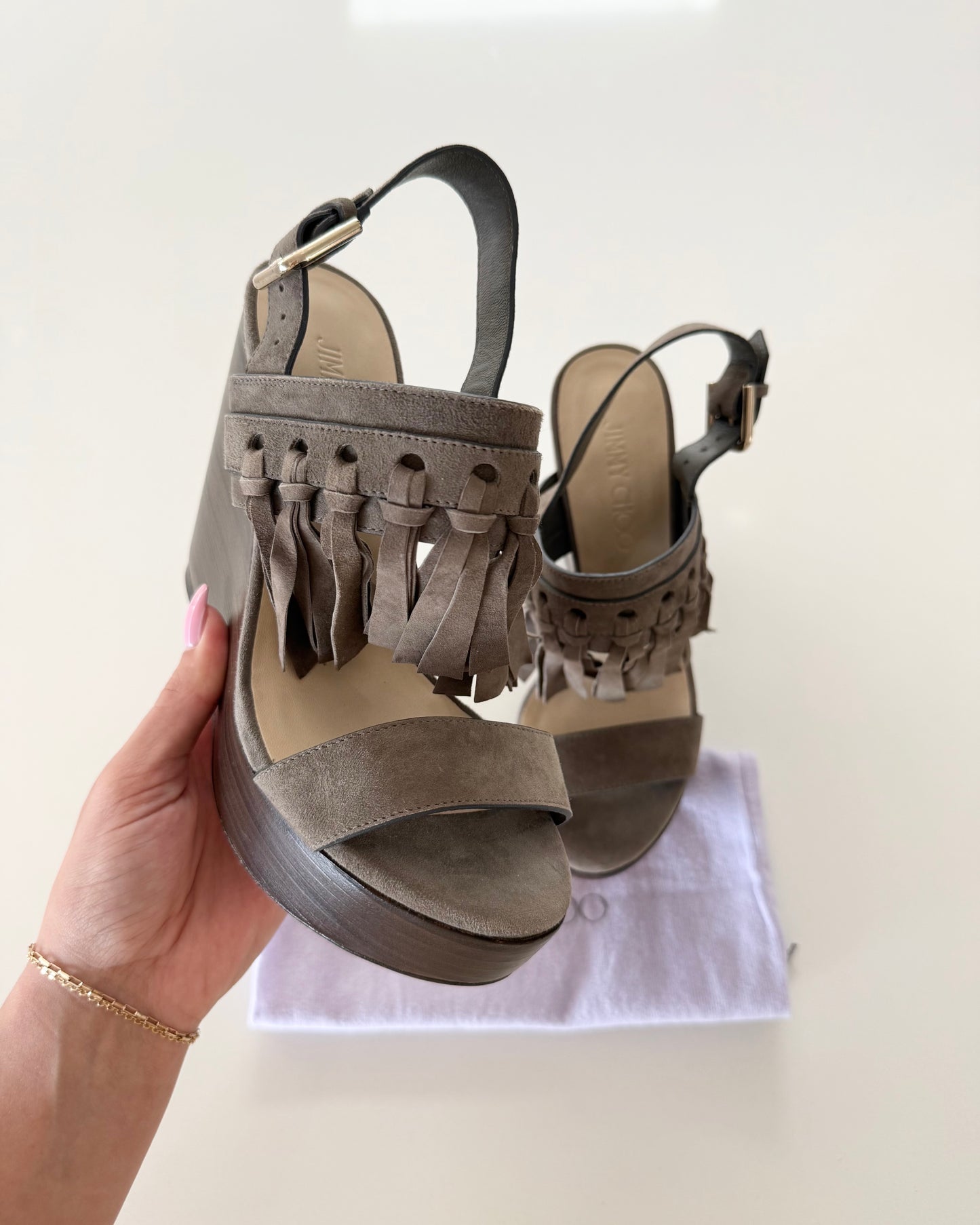 Jimmy Choo Taupe Suede Fringe Platform Wedges Size 37