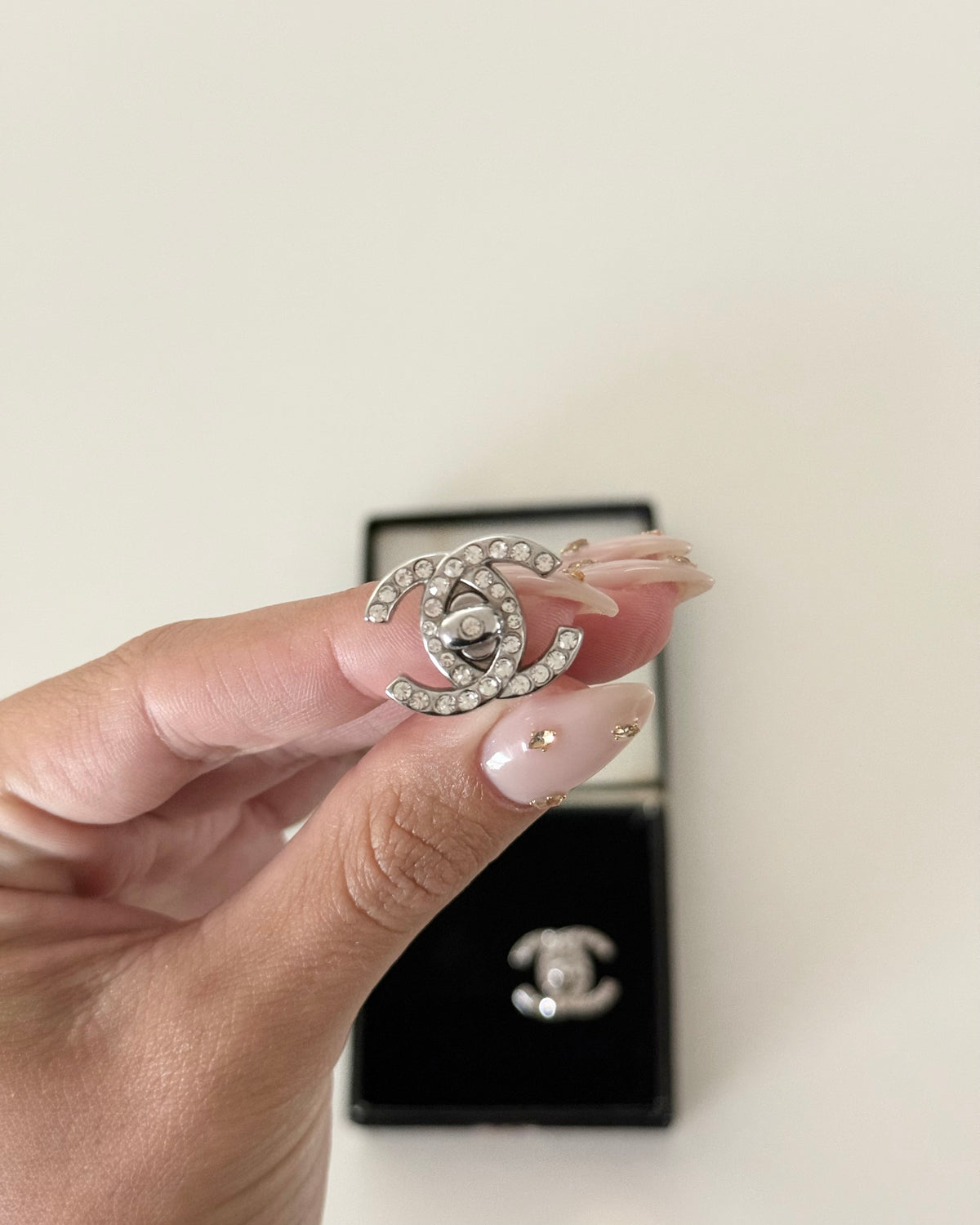 Chanel Vintage Crystal Silvertone Turnlock Clip Earrings