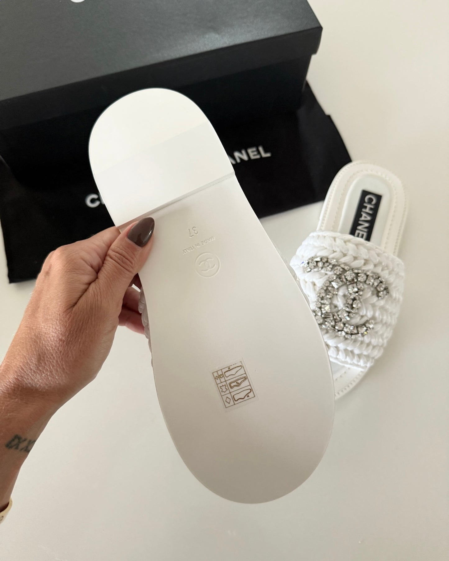 Chanel White Raffia and Leather Mules with Crystal Logo Size 37