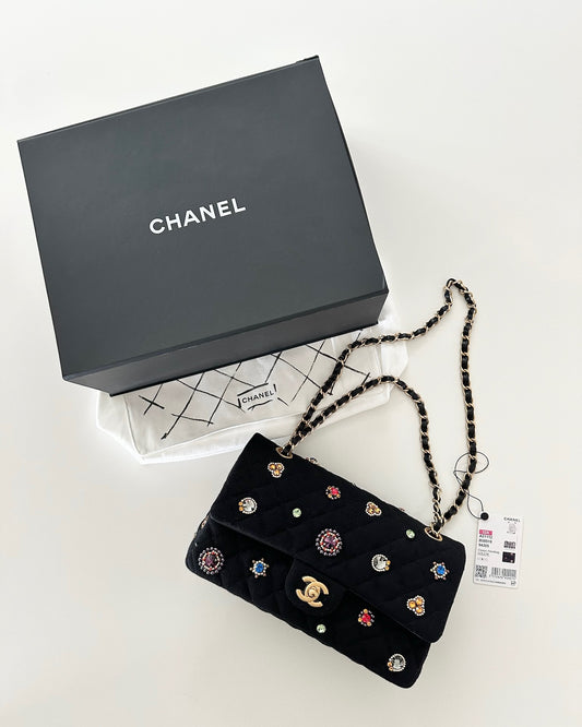 Chanel Black Canvas and Jeweled Medium Classic Double Flap