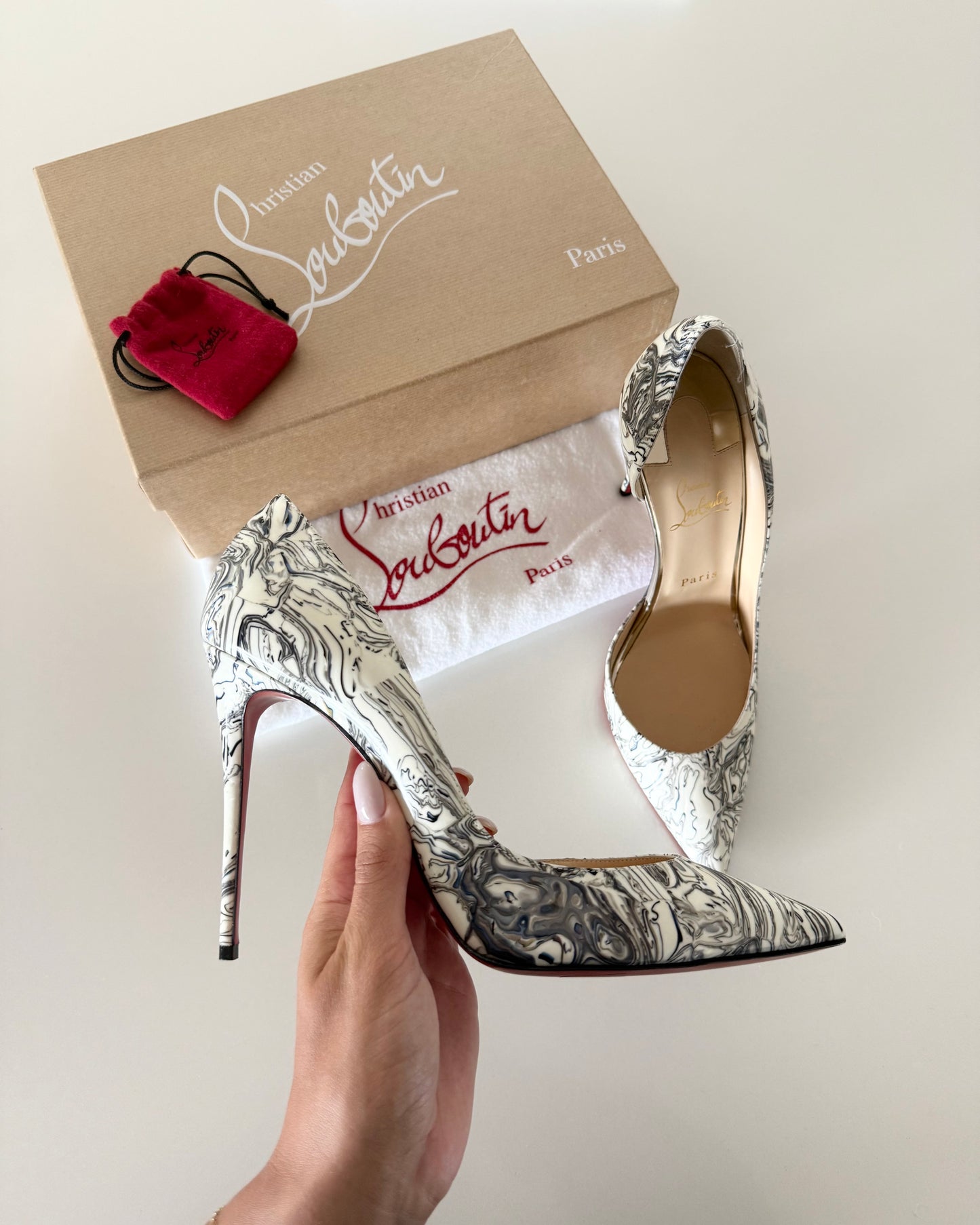 Christian Louboutin White Marbleized Iriza 100 Patent Heels size 41.5