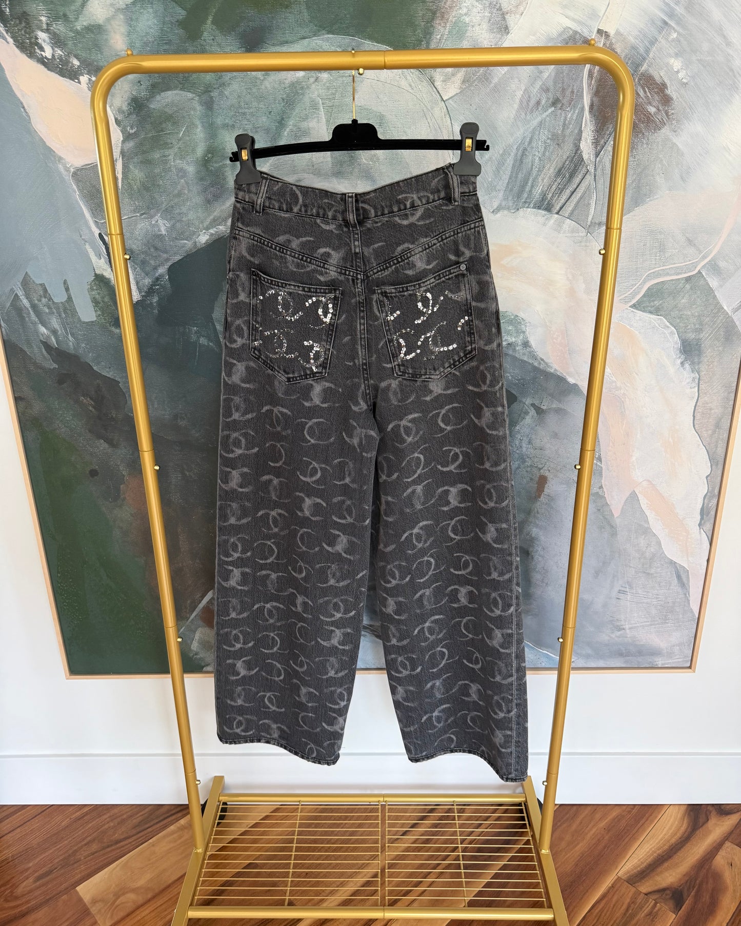 Chanel Runway 23B Dark Grey Logo Baggy Denim with Silver Sequin Logos on Back Pockets size 34