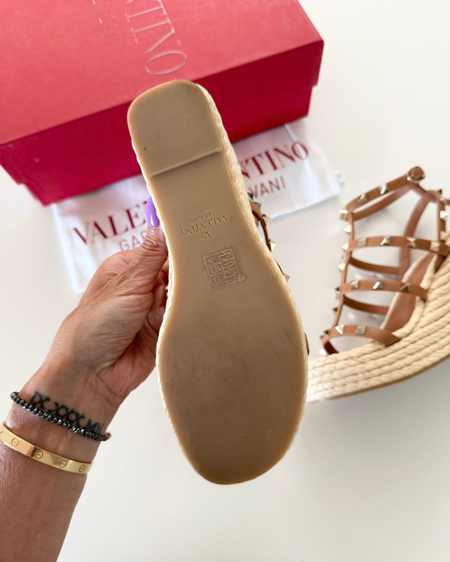 Valentino Tan Rockstud Ankle Wrap Raffia Wedges Size 37