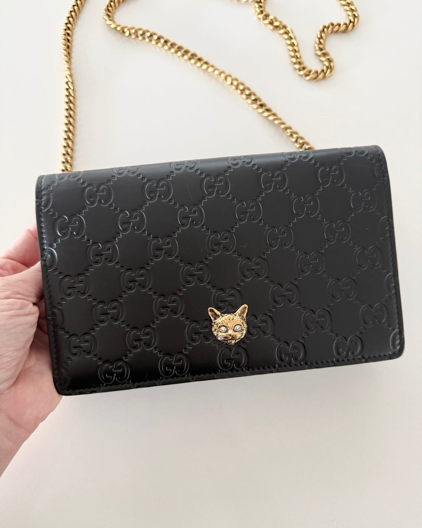 Gucci Black Guccissima Crystal Cat WOC