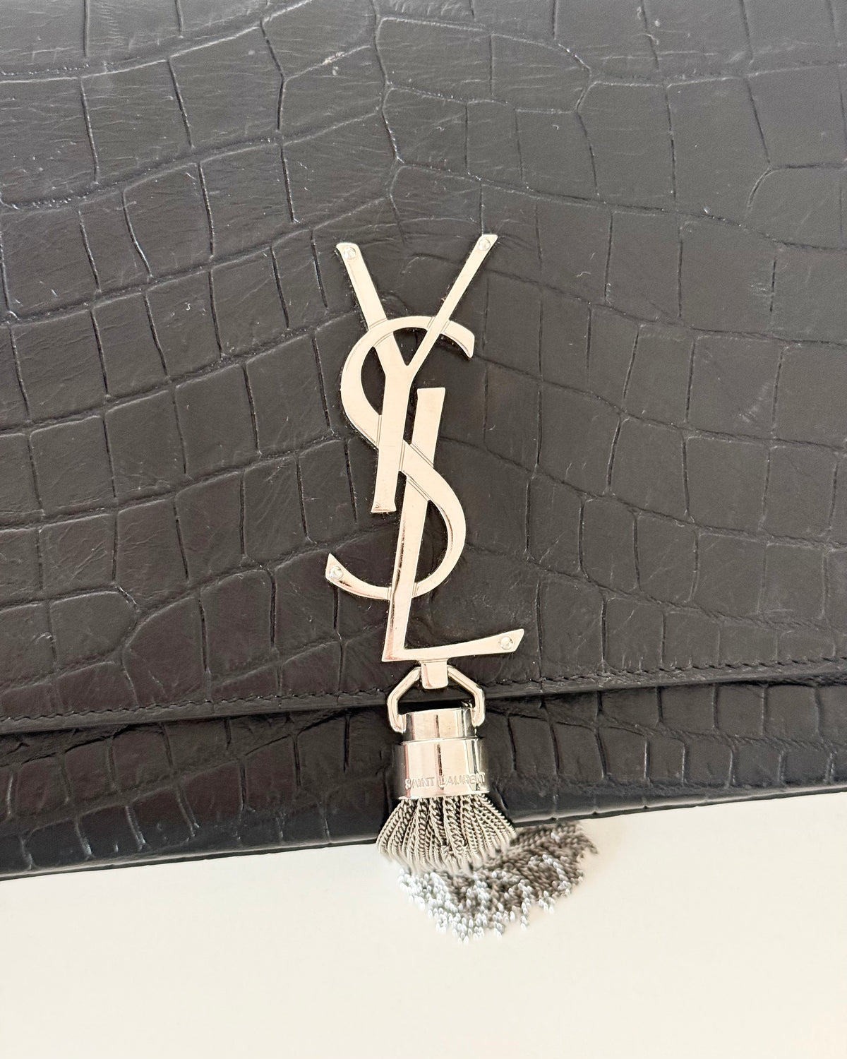 Saint Laurent Black Croc Embossed Medium Kate Tassel Bag