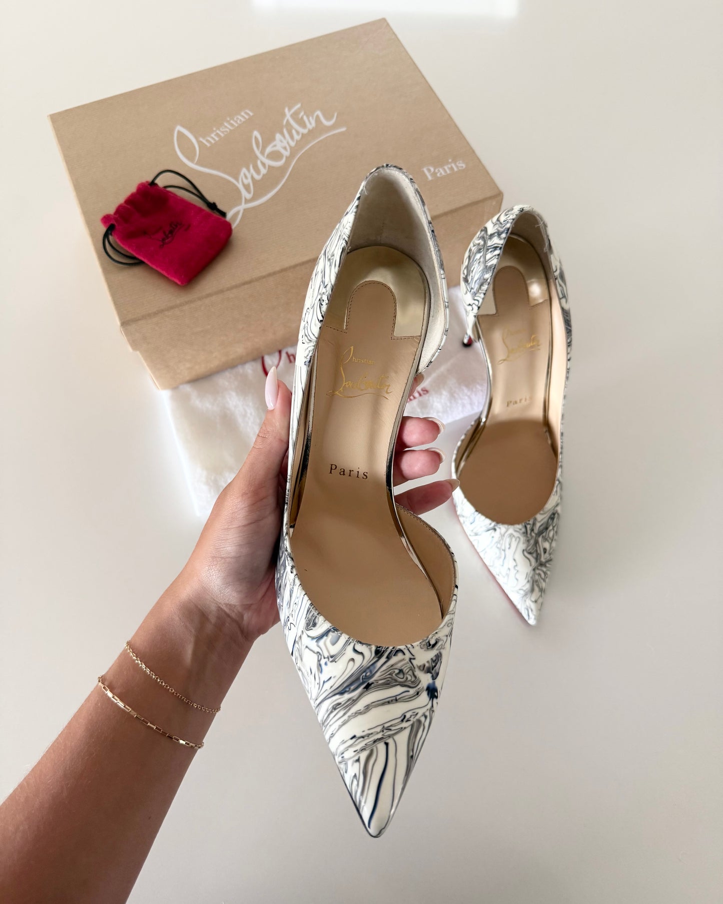 Christian Louboutin White Marbleized Iriza 100 Patent Heels size 41.5