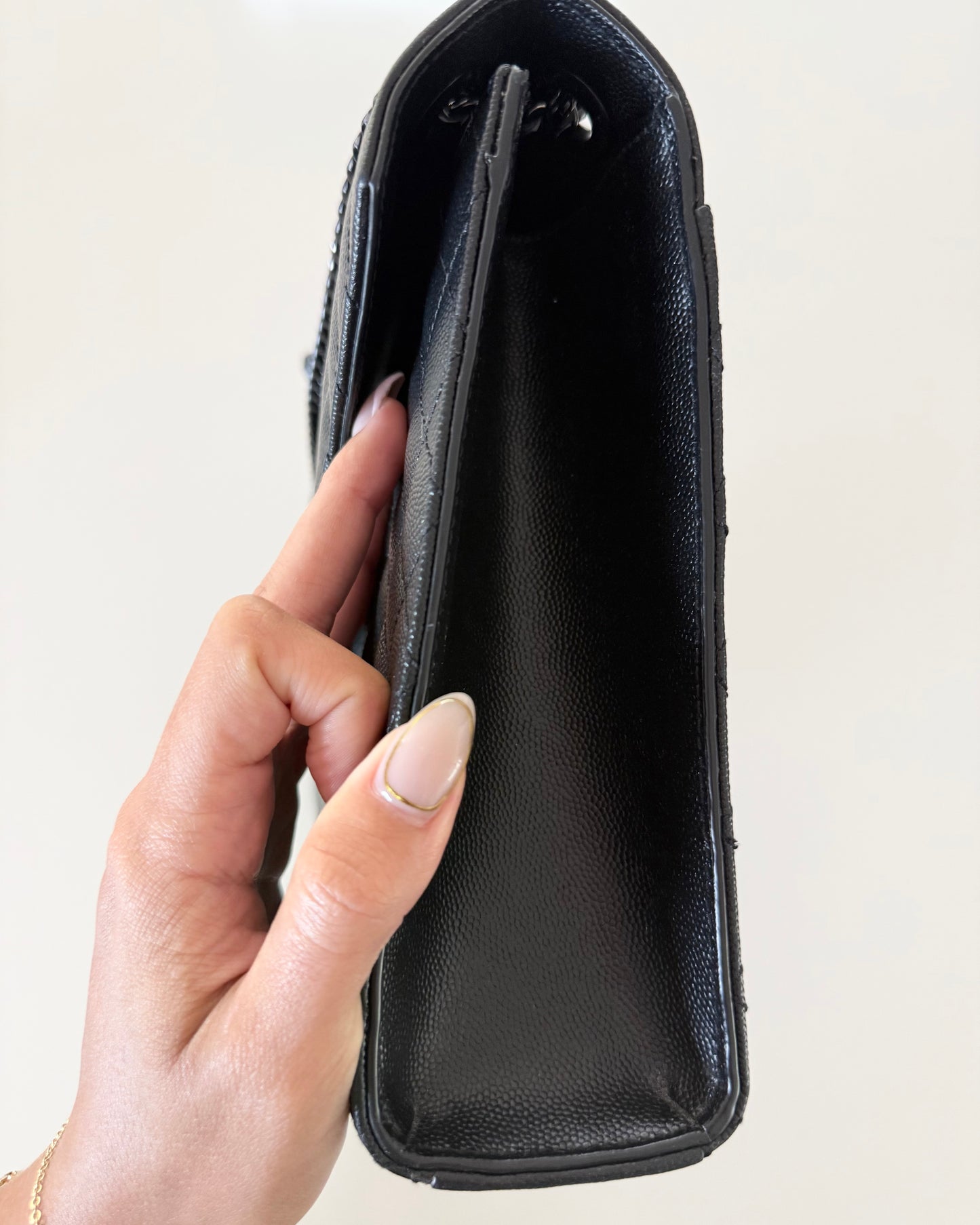 Saint Laurent All Black Grained Leather Matelasse Triquilt Flap Bag