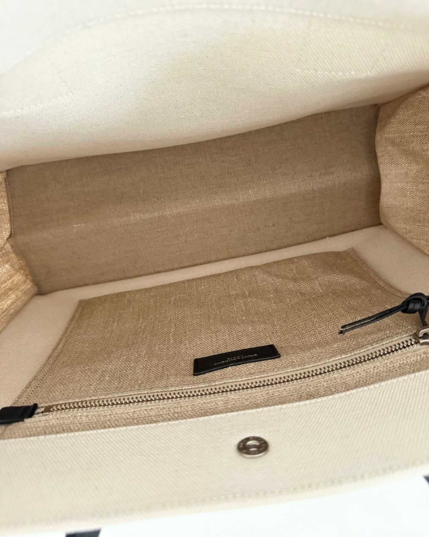 Saint Laurent Linen and Black Leather Rive Gauche Tote Bag