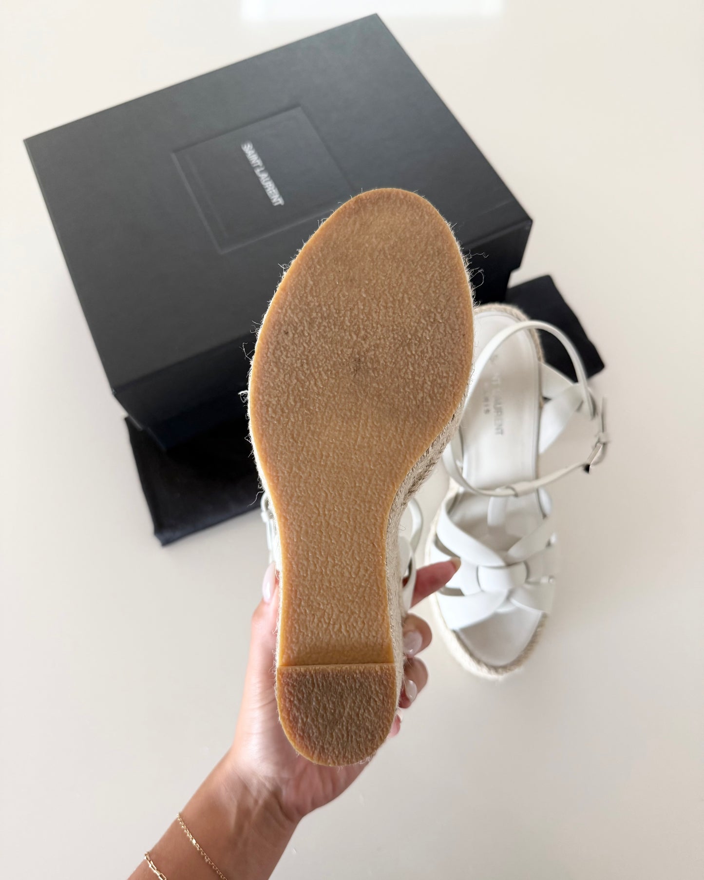 Saint Laurent White Leather Tribute Espardille 85 Wedges Size 40.5