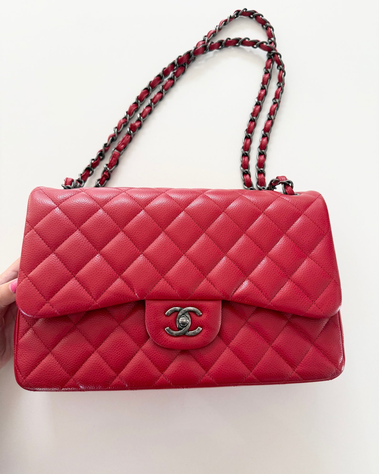 Chanel Red Caviar Quilted Jumbo with Ruthenium Hardware 21 series from 2015