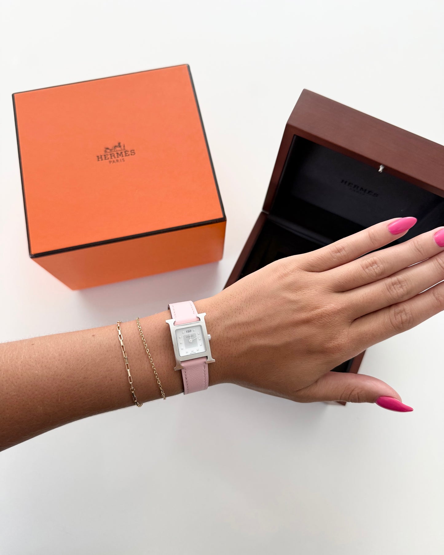 Hermes Pink Sakura and Steel Small Model Heure H Watch with Diamond Set and White Mother of Pearl dial from 2023