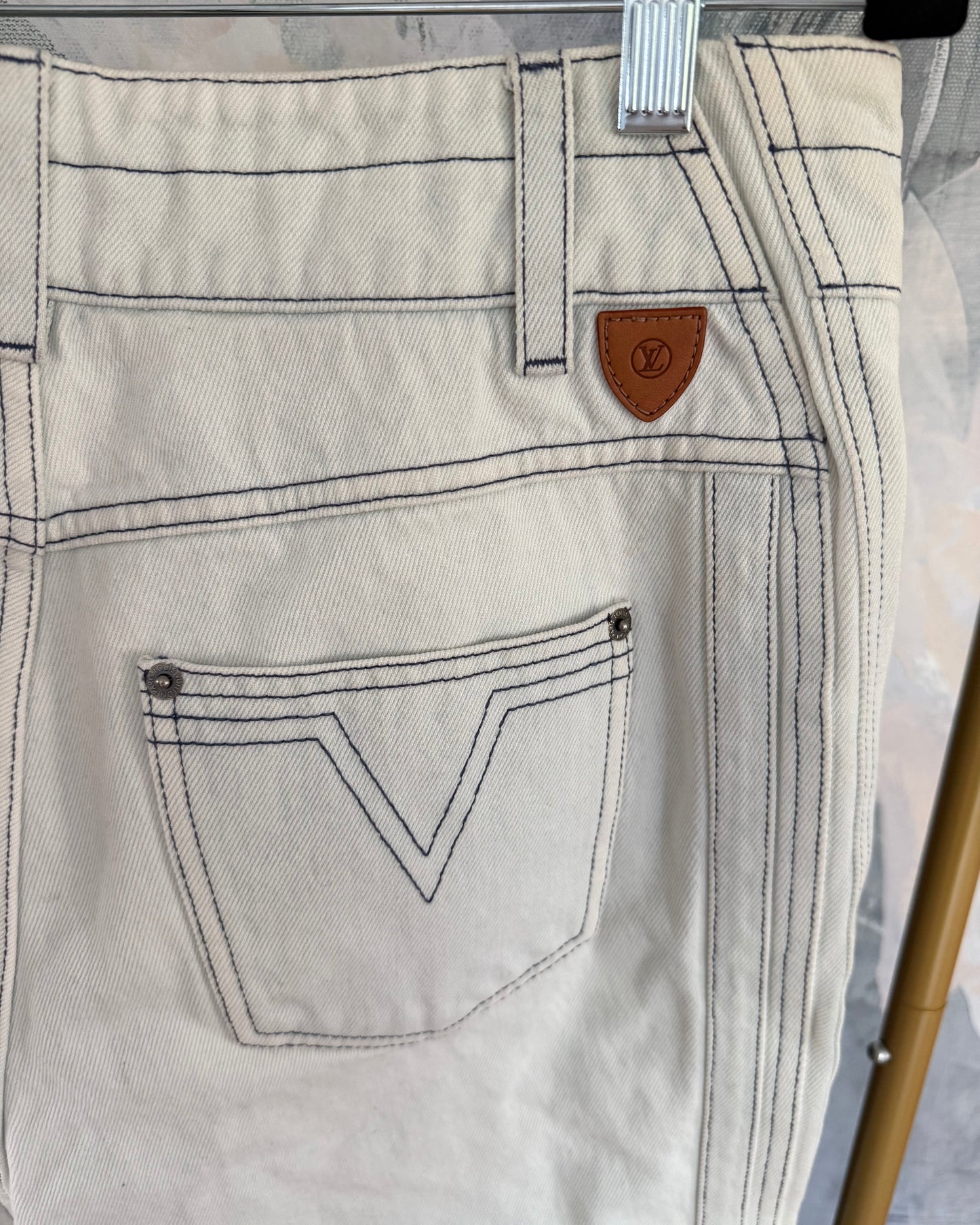 Louis Vuitton White Washed Zipped Denim with Monogram Stripes Down the Sides Size 44