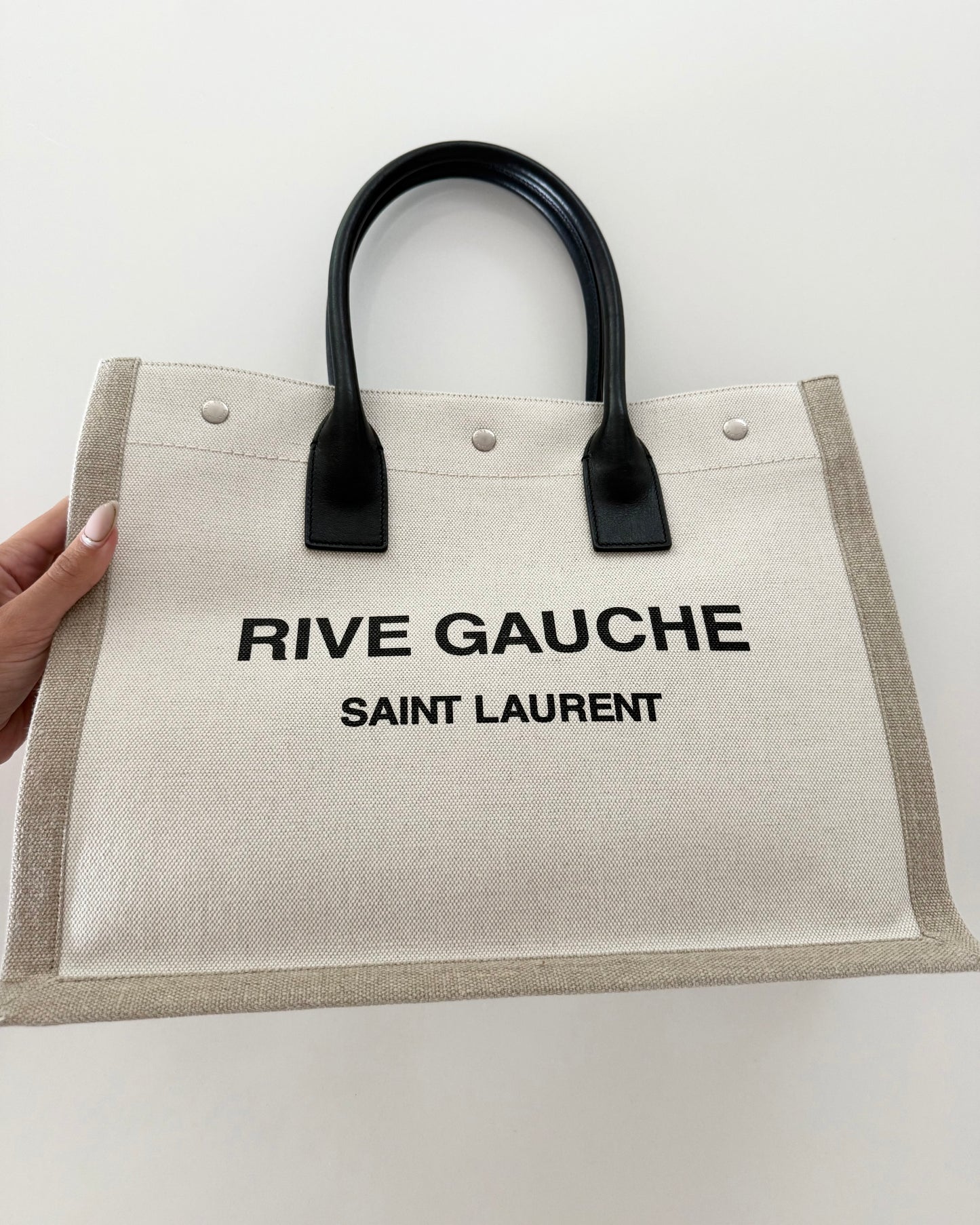 Saint Laurent Linen and Black Leather Rive Gauche Tote Bag