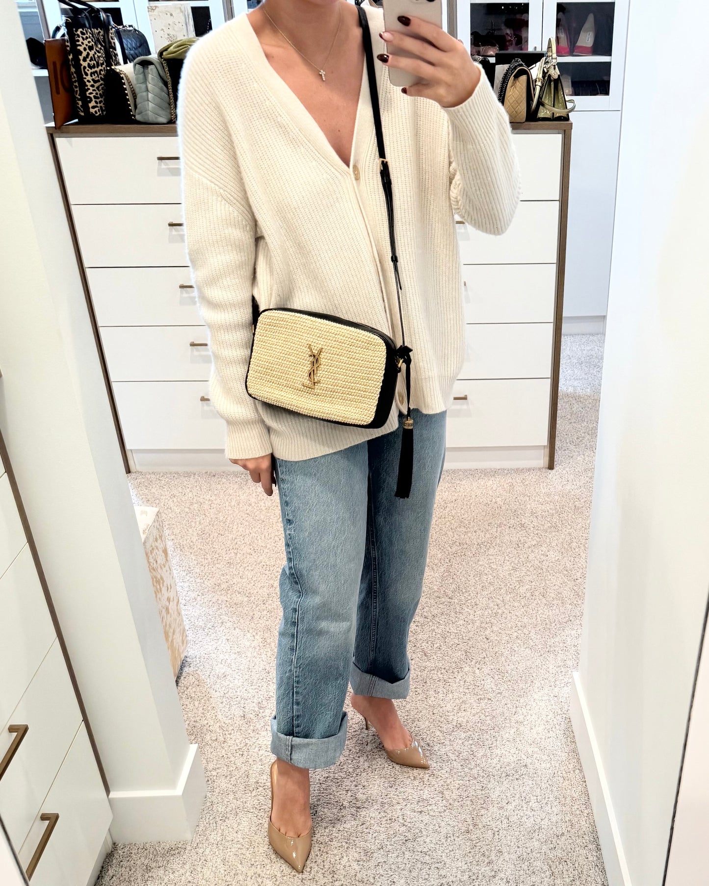 Saint Laurent Black Leather and Raffia Lou Camera Bag