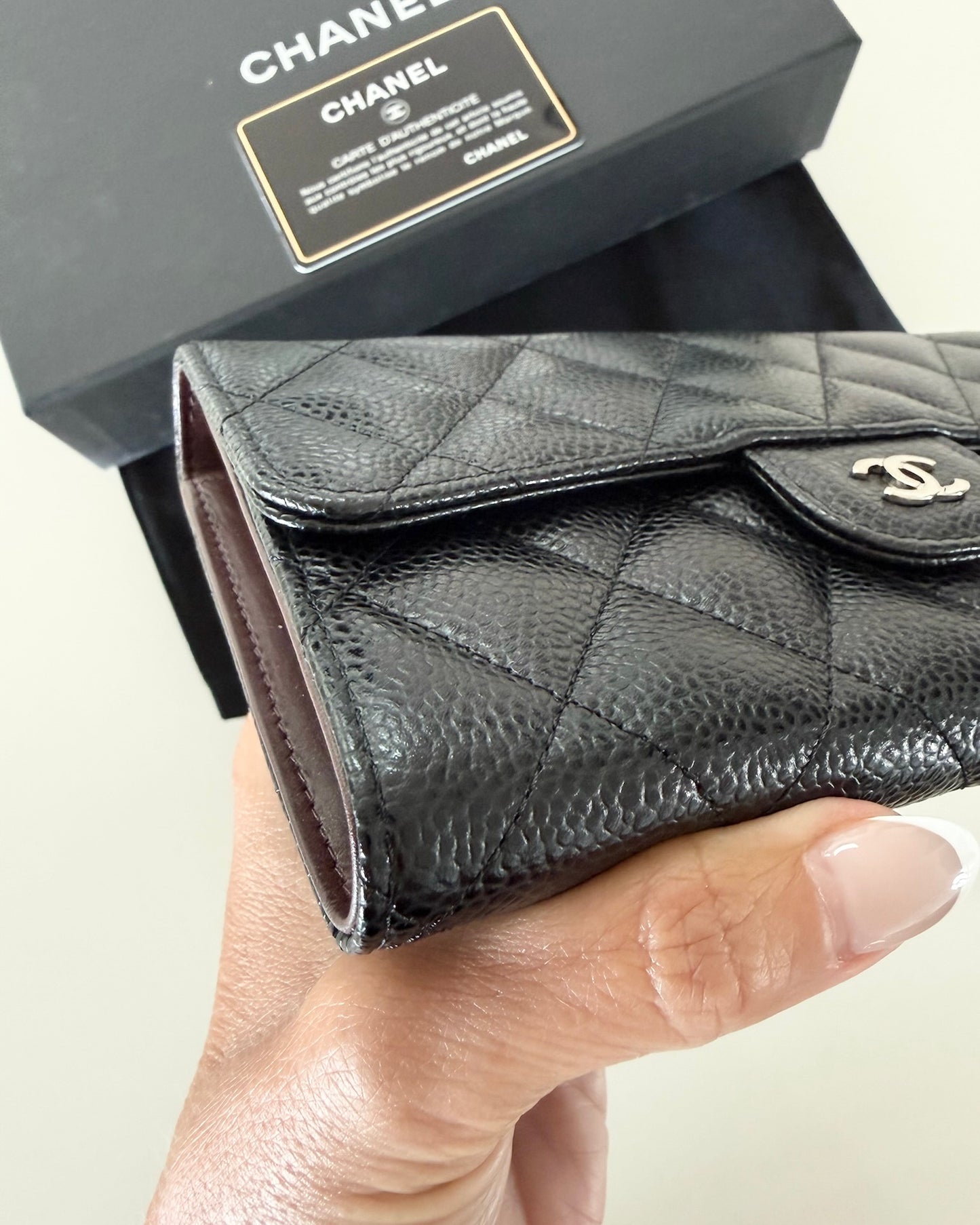 Chanel Black Caviar Flap Wallet with Silver Hardware