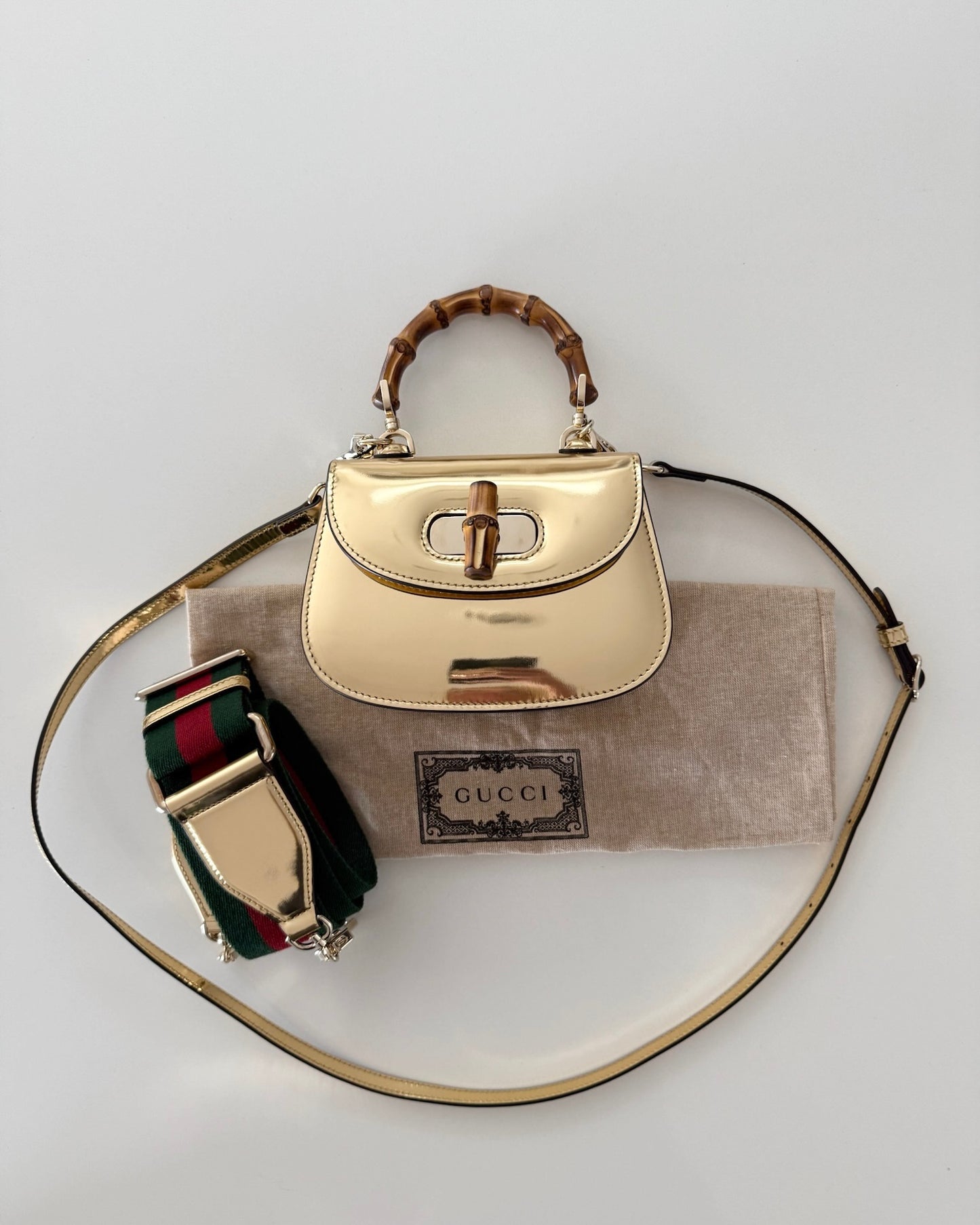 Gucci Limited Edition Gold Metallic Patent Leather Mini 1947 Bamboo Top Handle Bag