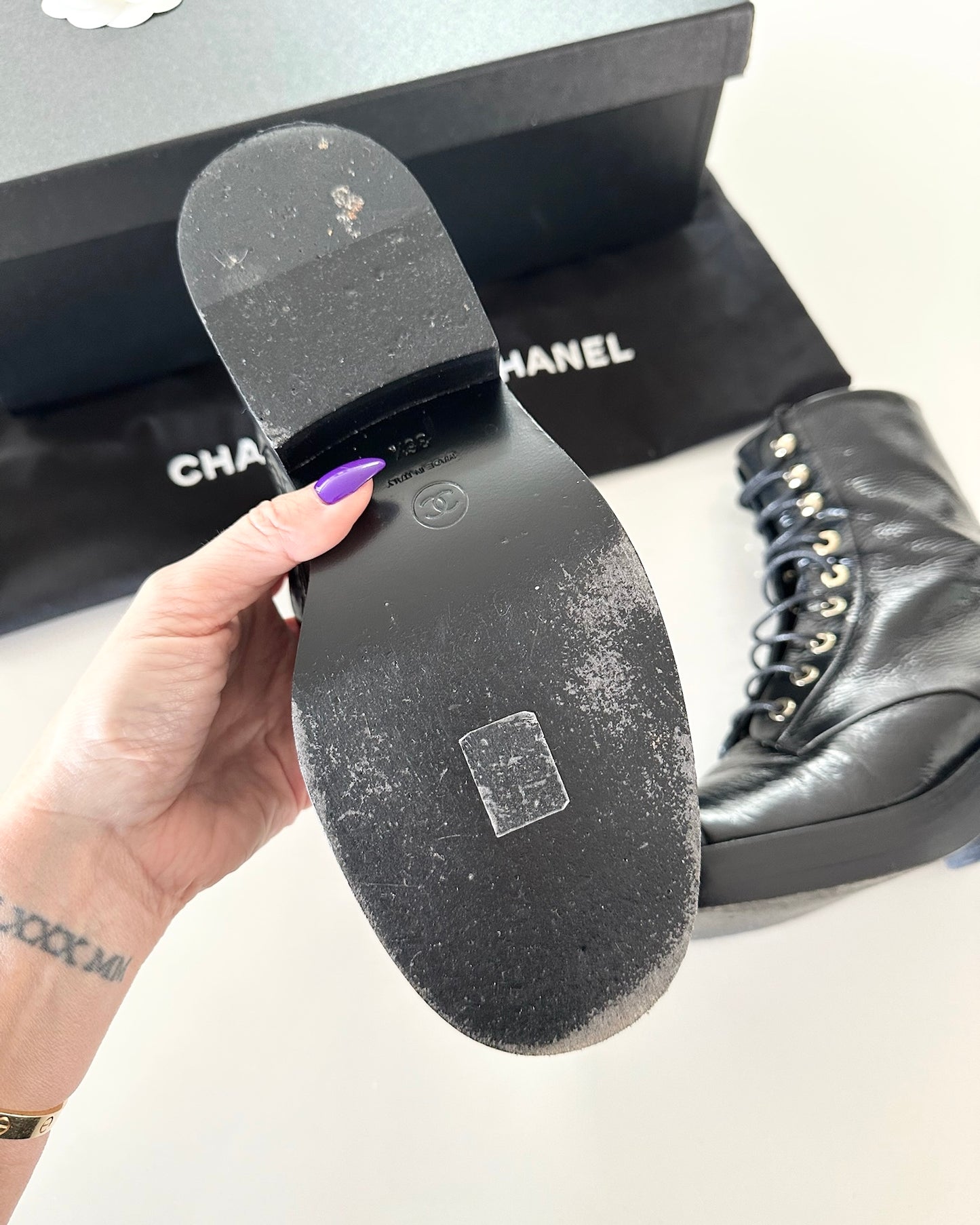 Chanel Black Shiny Goatskin and Dark Grey Lace Up Boots from 22A Size 36.5