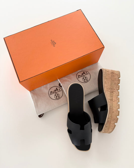 Hermes Black Leather Albâtre Eze 30 Platform Sandals Size 41