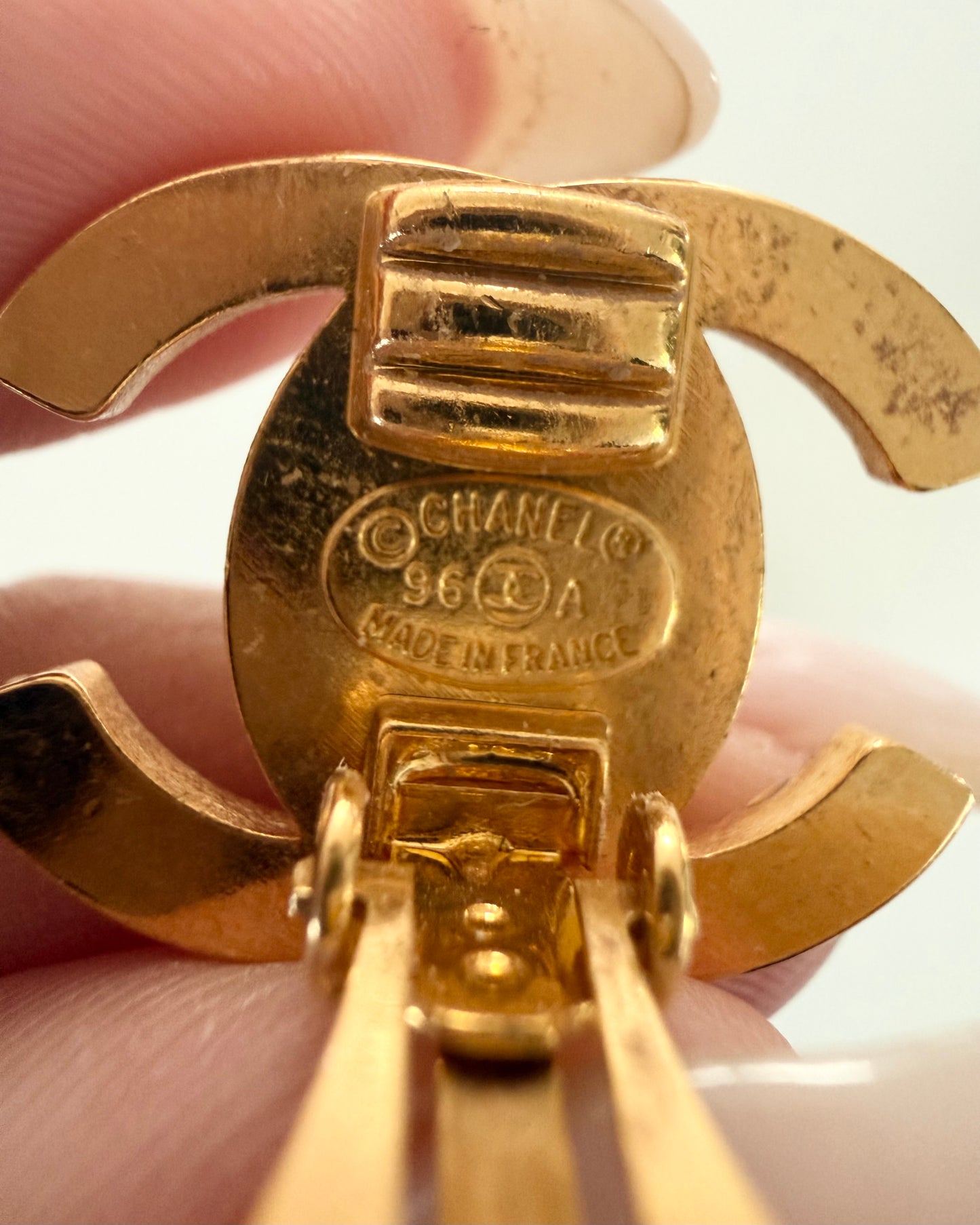 Chanel Vintage Crystal and Goldtone Turnlock Clip Earrings from 1996