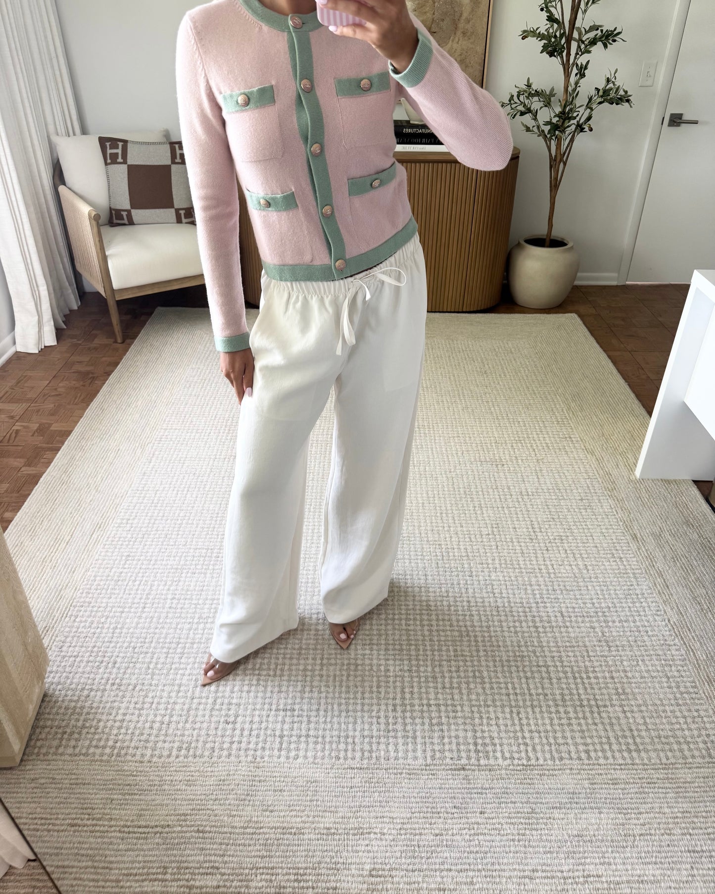Chanel RARE Pink Cashmere Cardigan with Green Trim and Crystal Logo Ombre Buttons Size 34