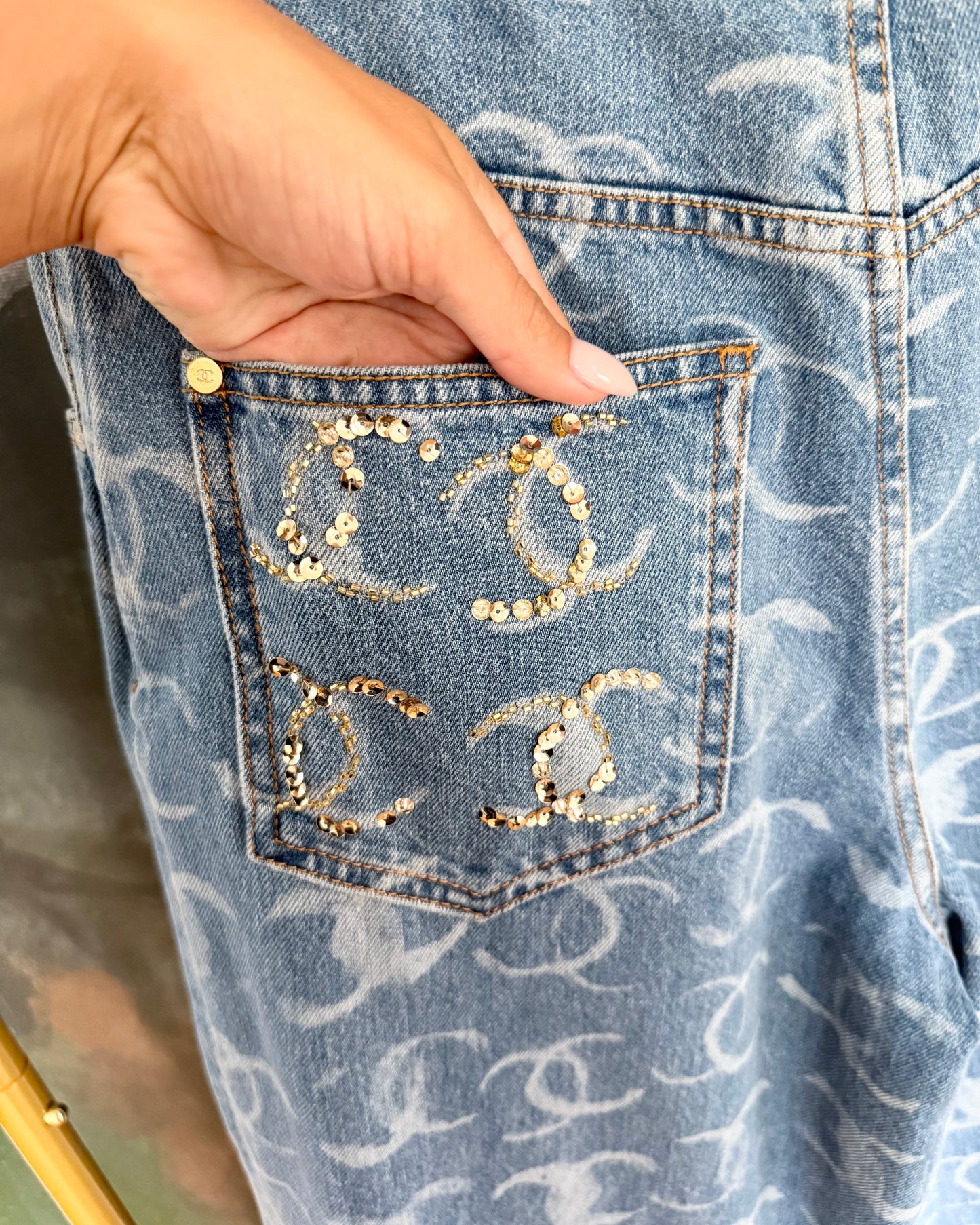 Chanel Runway from 23B Blue Logo Baggy Denim with Gold Logos on Back Pockets size 36