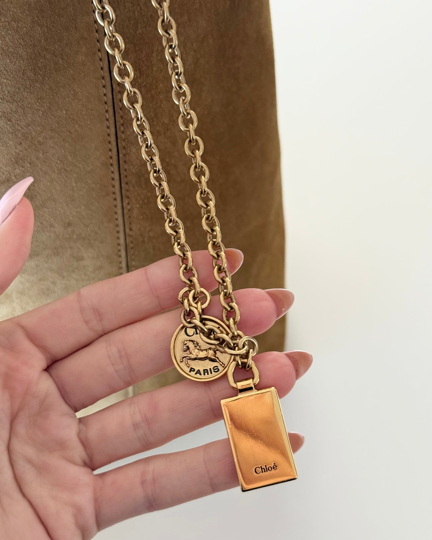 Chloe Gold Khaki Suede Spin Medium Bag With Charm