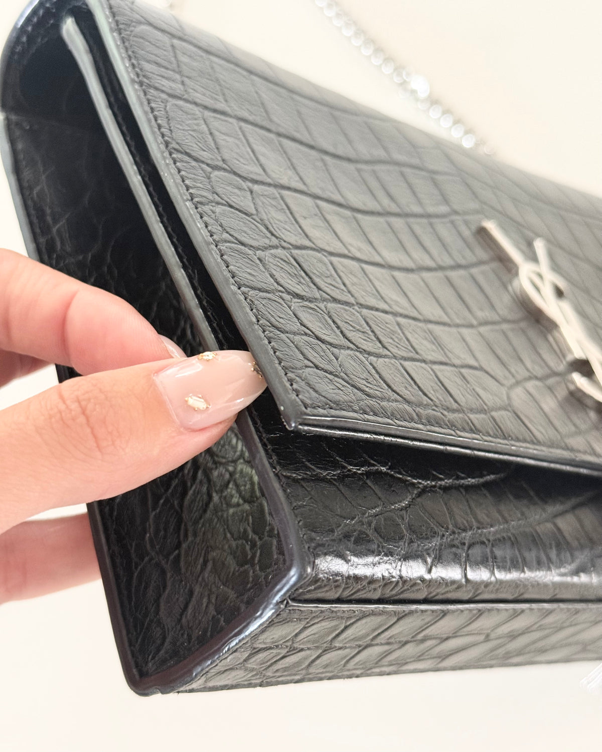 Saint Laurent Black Croc Embossed Medium Kate Tassel Bag