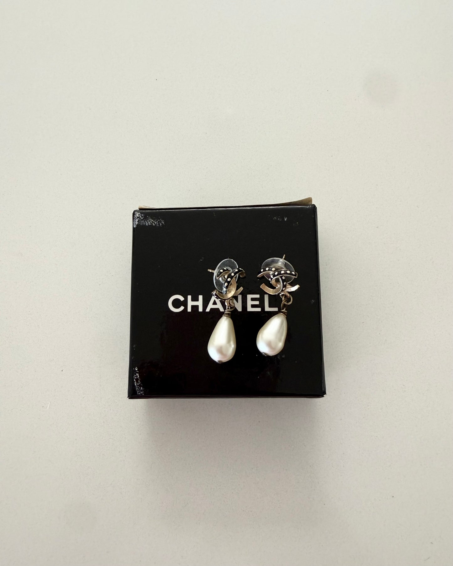 Chanel Goldtone Polka Dot Logo Pearl Drop Earrings