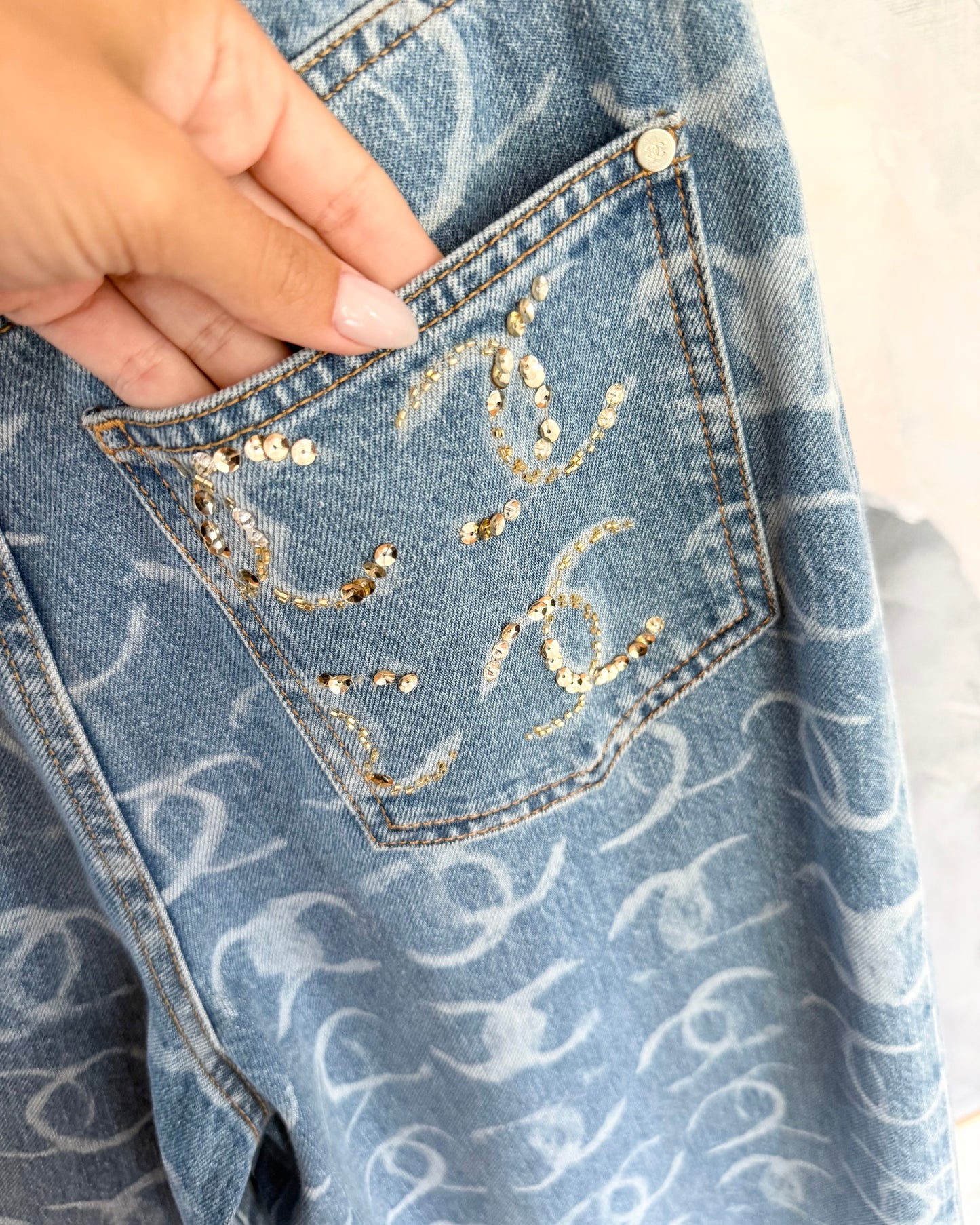 Chanel Runway from 23B Blue Logo Baggy Denim with Gold Logos on Back Pockets size 36
