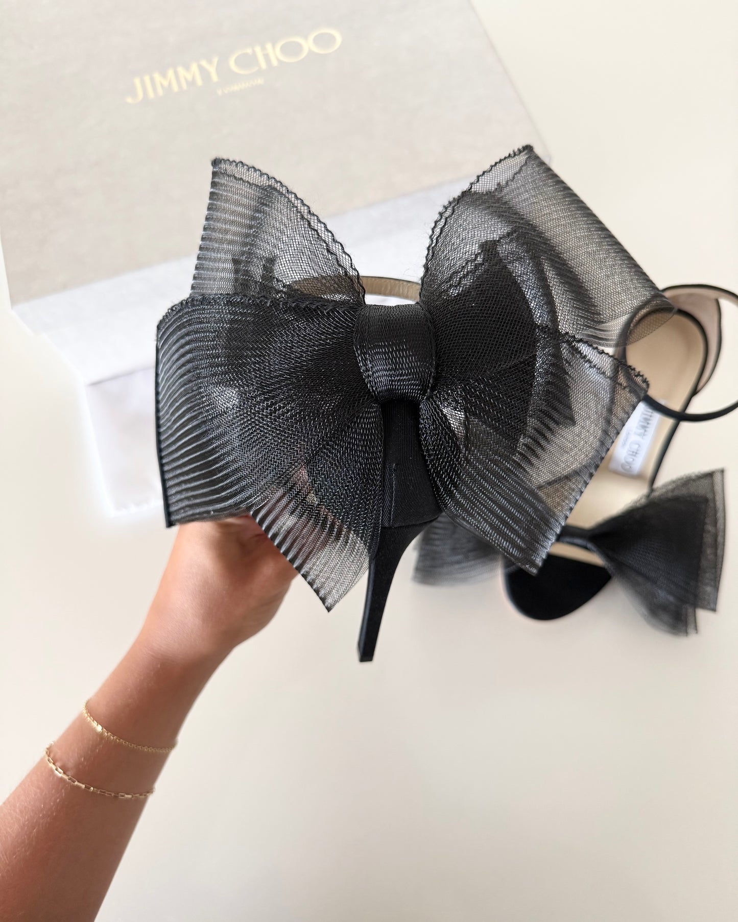 Jimmy Choo Black Grosgrain and Mesh Bow Aveline 100 Heels Size 36