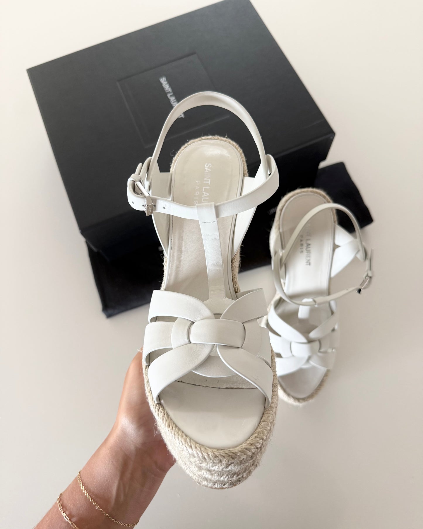 Saint Laurent White Leather Tribute Espardille 85 Wedges Size 40.5