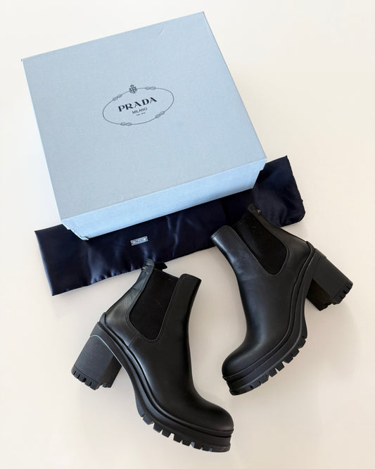 Prada Black Leather Slide on Heeled Combat Boots Size 39