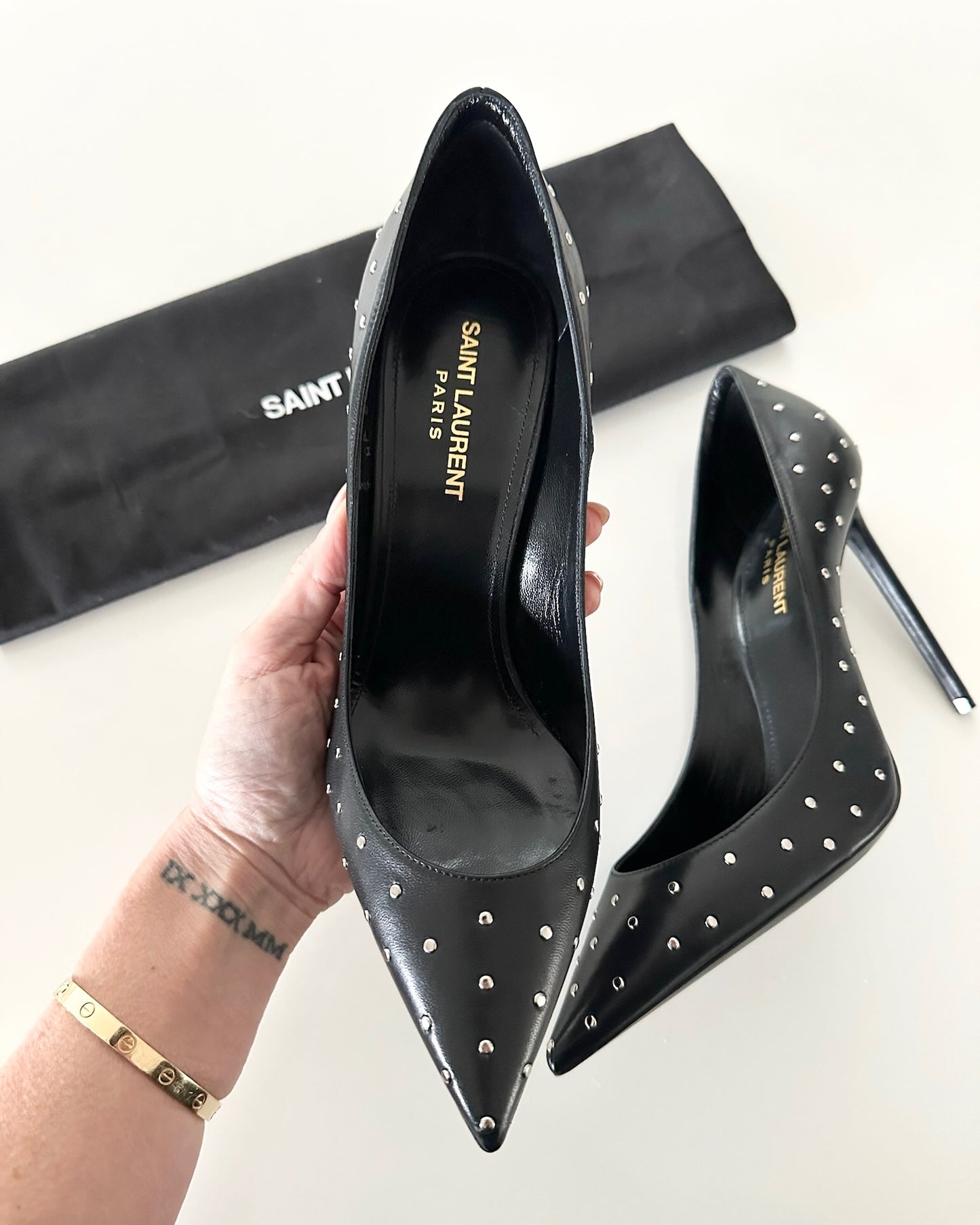 Saint Laurent Black Leather Studded Pumps Size 8/38.5