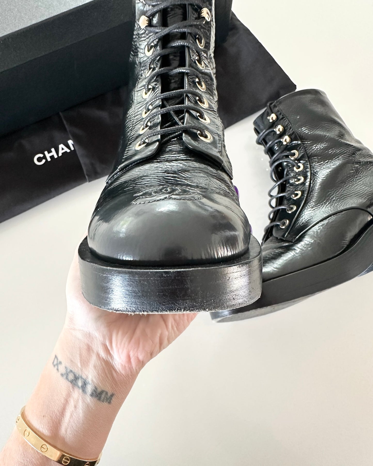 Chanel Black Shiny Goatskin and Dark Grey Lace Up Boots from 22A Size 36.5