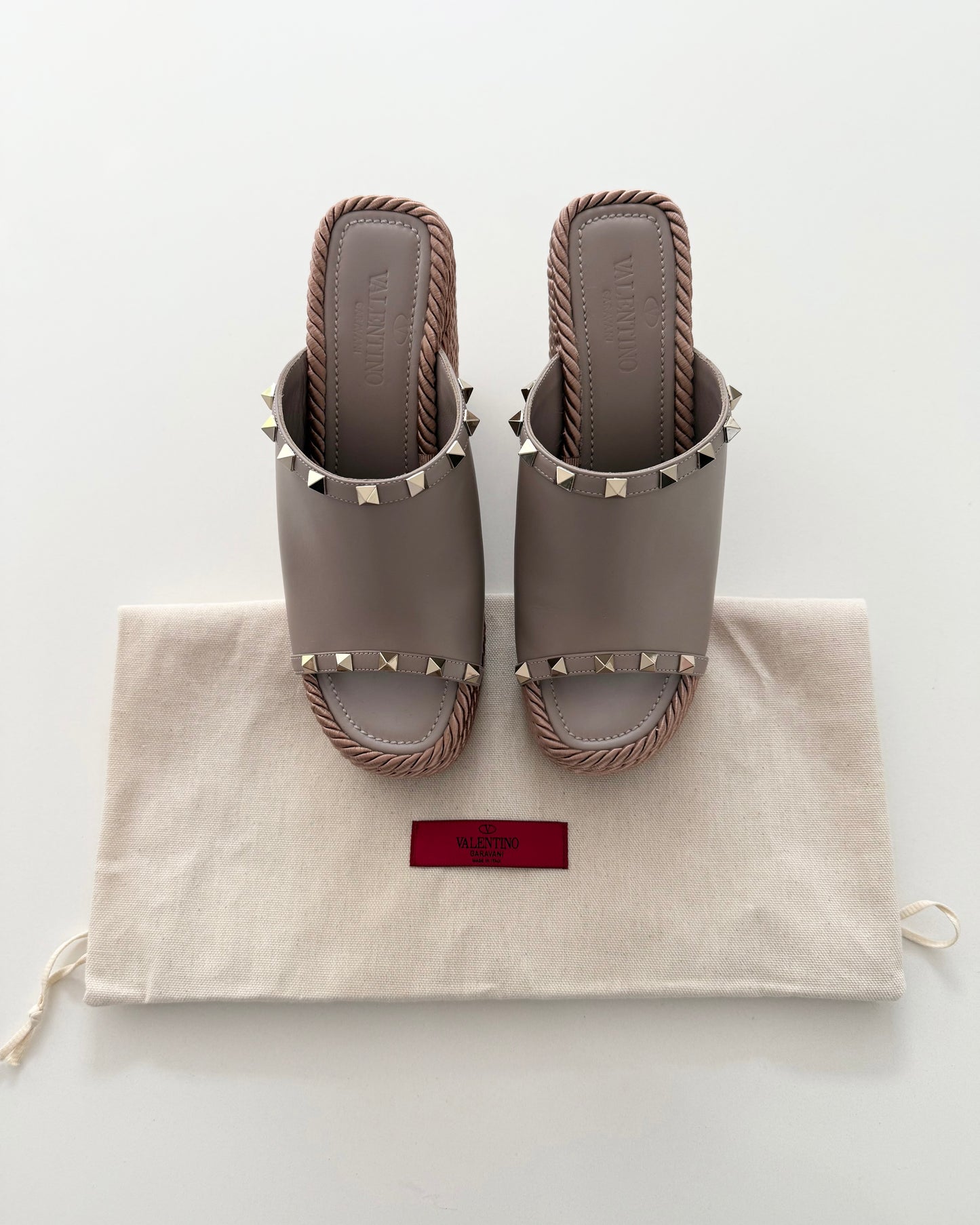 Valentino Beige with Light Gold Rockstud and Rose Roped Espadrilles Size 38