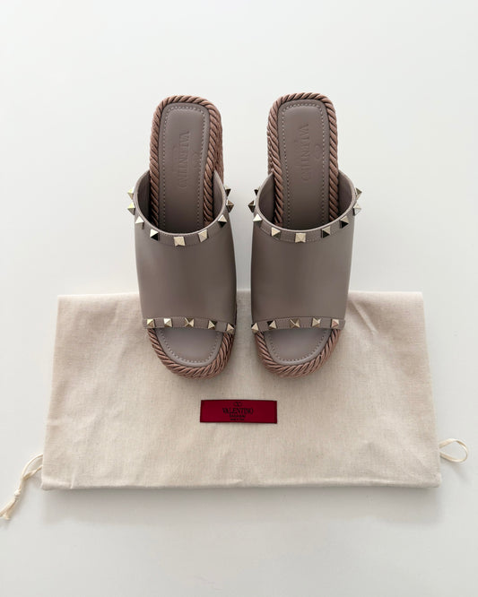 Valentino Beige with Light Gold Rockstud and Rose Roped Espadrilles Size 38