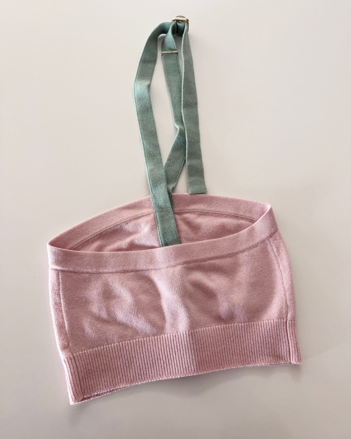 Chanel RARE Pink Cashmere Halter Top with Green Trim and Crystal Logo Ombre Buttons Size 34