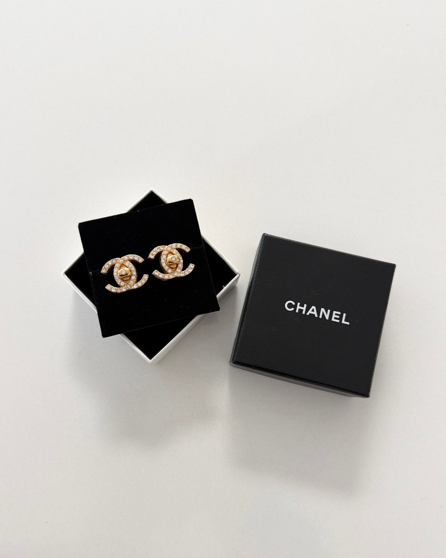 Chanel Vintage Crystal and Goldtone Turnlock Clip Earrings from 1996