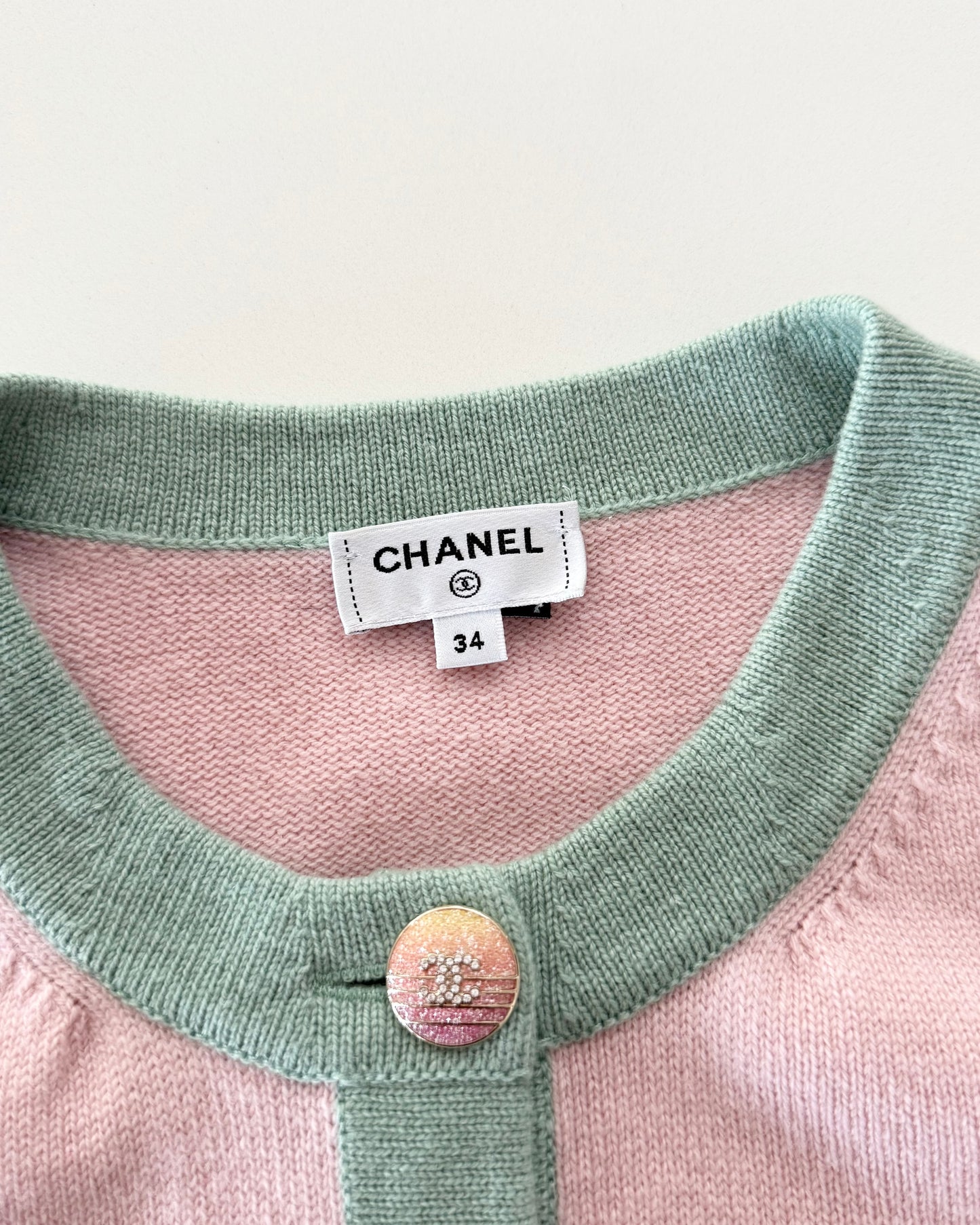 Chanel RARE Pink Cashmere Cardigan with Green Trim and Crystal Logo Ombre Buttons Size 34